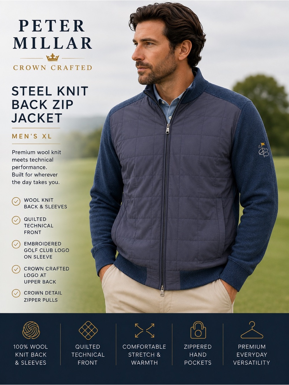 Peter Millar Crown Crafted Steel Knit Back Zip Jacket Blue Wool Men’s XL